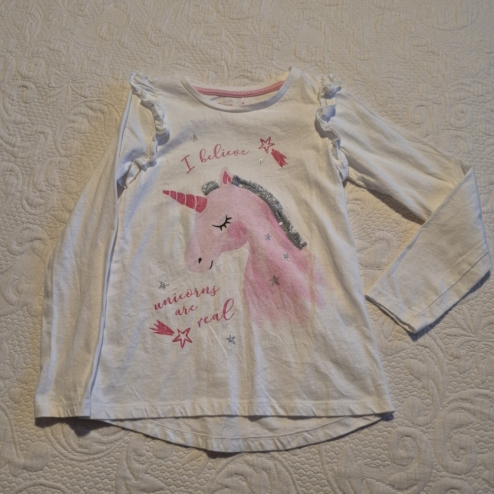 St Bernard for Dunnes Stores girls size 8-9 white long sleeve shirt unicorn VGUC